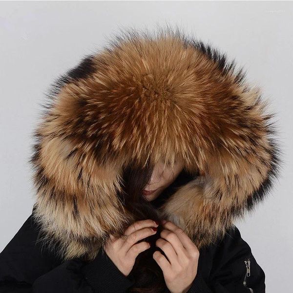 Lenços Natural Real Raccoon Fur Collar Inverno Pescoço Cachecol Mulheres Jaquetas Capa Xale Fofo Casaco Longo