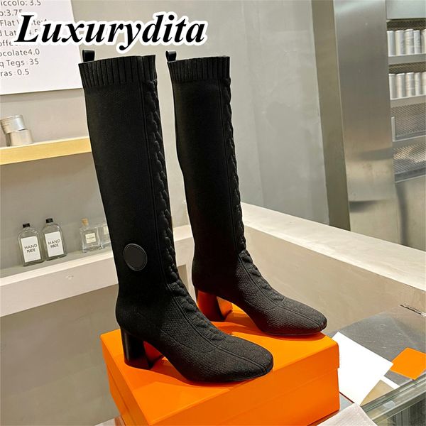 Botas longas femininas de grife de alta qualidade, sola grossa de luxo, salto alto, perna, botas Martin, couro da moda, botas acima do joelho, meias acima do joelho, bota Chelsea, salto H YMHM 020