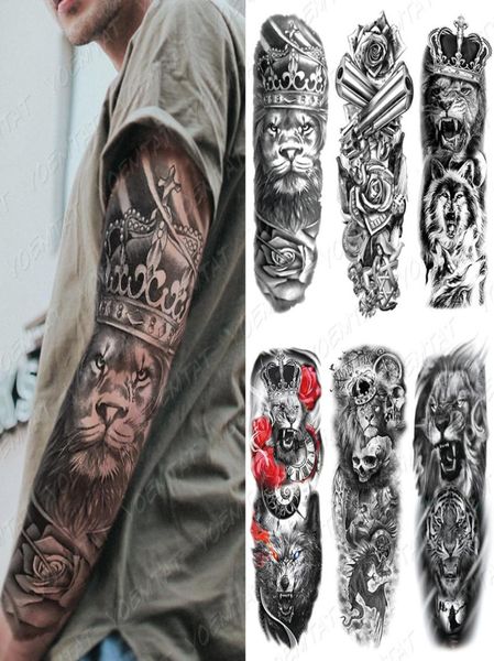 Grande braço manga tatuagem leão coroa rei rosa à prova dwaterproof água temporária tatoo adesivo selvagem lobo tigre homem crânio completo totem tatto4918723