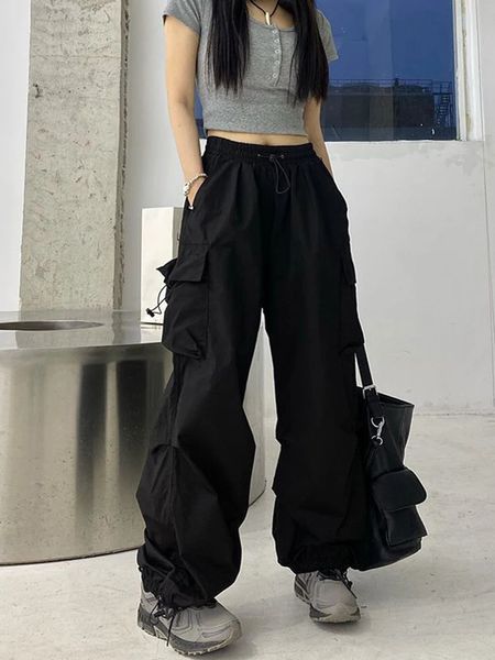 Zoki streetwear hip hop carga calça moda bolsos oversize calças soltas verão bf coreano cintura alta calças largas perna 240109