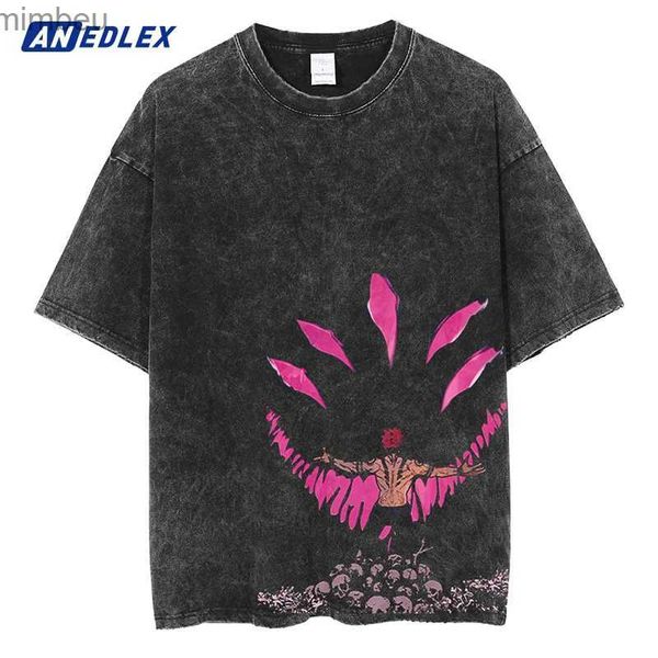 Herren T-Shirts Heißer Verkauf Japanisches Anime-Druck-T-Shirt Männer Vintage gewaschenes T-Shirt Sommer Kurzarm Baumwolle Tops T-Shirts Harajuku Hip Hop StreetwearL240110