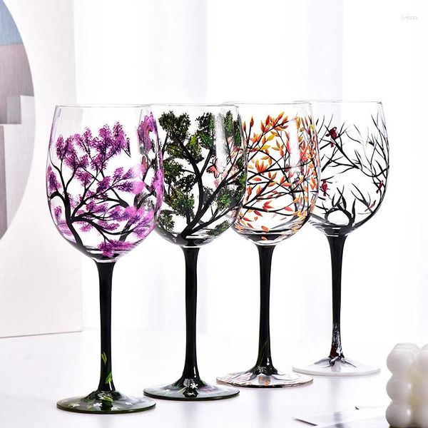 Bicchieri da vino Calice YWDL Tazza di vetro rotonda stampata creativa per cocktail di birra Regalo con motivo alberi delle quattro stagioni