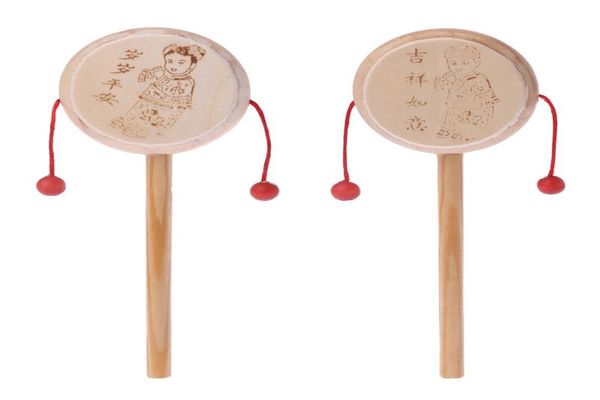 Madeira natural dos desenhos animados chinês tradicional girando chocalho tambor mão sino brinquedo musical do bebê crianças cedo educacional toy4572706