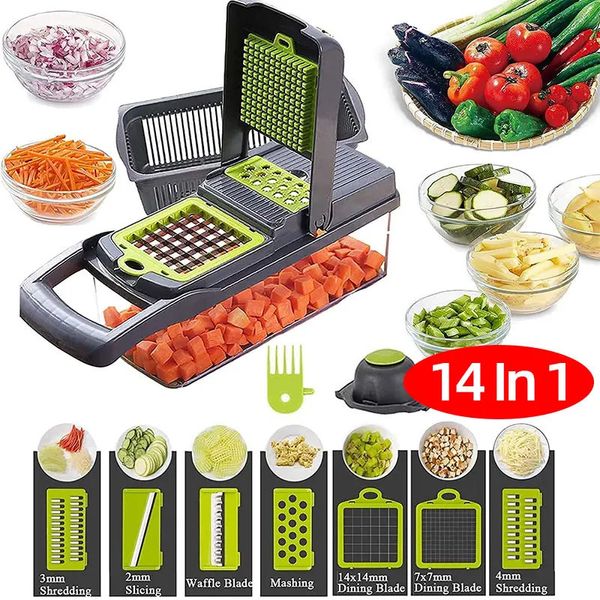 14-in-1-Multifunktions-Gemüseschneider, Aktenvernichter, Slicer mit Korb, Obst, Kartoffeln, Zwiebeln, Zerkleinerer, Karottenreibe, Slicer, Mandoline 240110