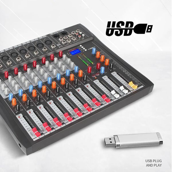 Mixer de áudio 8 canais, console de mixagem, placa de som bluetooth, usb, reverb para pc, palco, estúdio, dj, controlador, monitoramento 240110