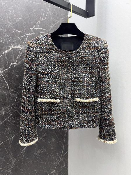 Jaquetas femininas outono e inverno cor tweed casaco bonito de alta qualidade prata fio de seda tecido flor macia 1/2