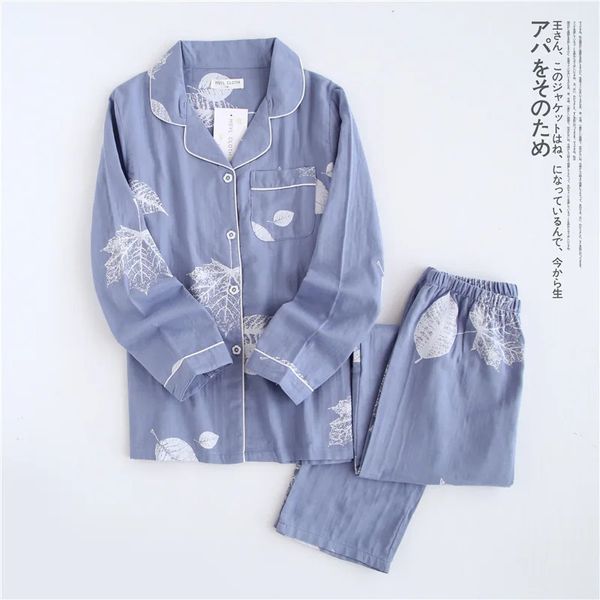Conjuntos de pijamas frescos femininos 100% gaze algodão japonês simples folhas de bordo manga longa casual pijamas 240110
