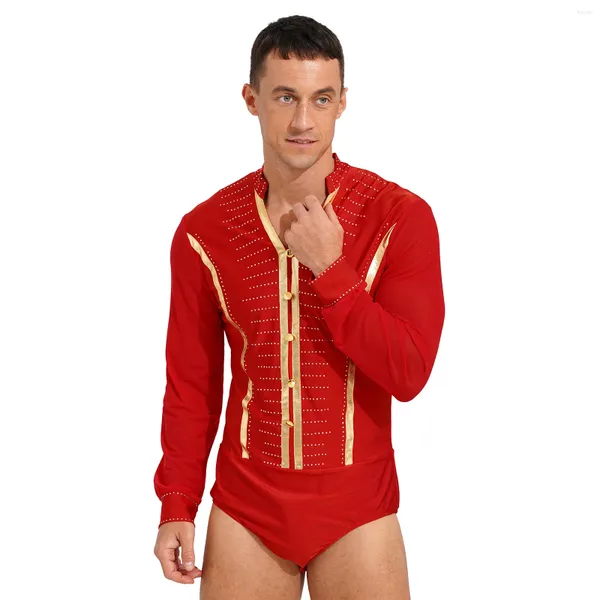 Bühnenkleidung Herren-Gymnastik-Ballsaal-Samba-Latin-Tanzkostüm, glitzernder Strass-Body mit V-Ausschnitt, durchsichtiger Mesh-Langarm-Trikot-Overall