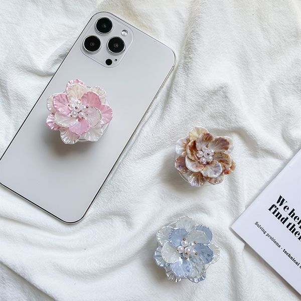 Coreia 3d concha flor suporte do telefone expansível aperto suporte para iphone 15 14 13 pérola universal inteligente preguiçoso suporte 50 pçs