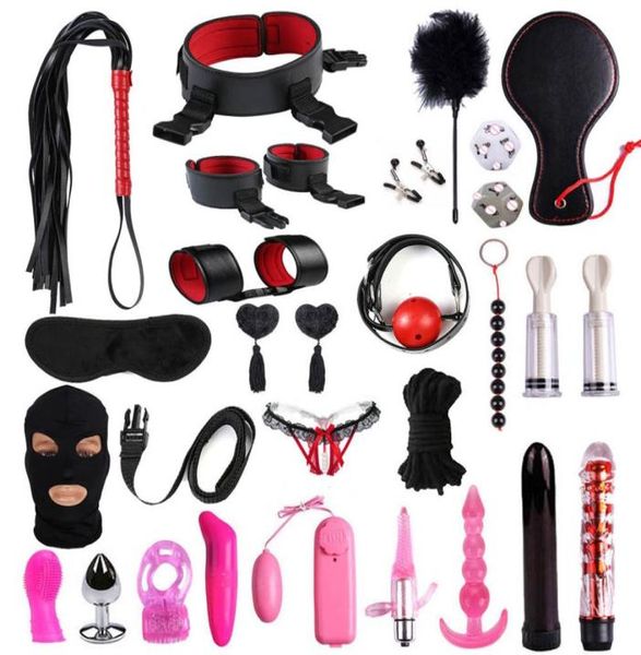 28-teiliges Set Frauen Männer Sexspielzeug für BDSM-Spiel Handschellen Peitschenseil Analplug Mundplug Vibrator Erotikzubehör Bondage-Set Y200617941033