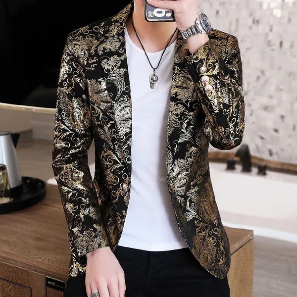 Blazer de ouro primavera bronzeamento masculino boutique moda fino ajuste terno jaqueta casamento boate palco festa vestido roupas masculinas 240110