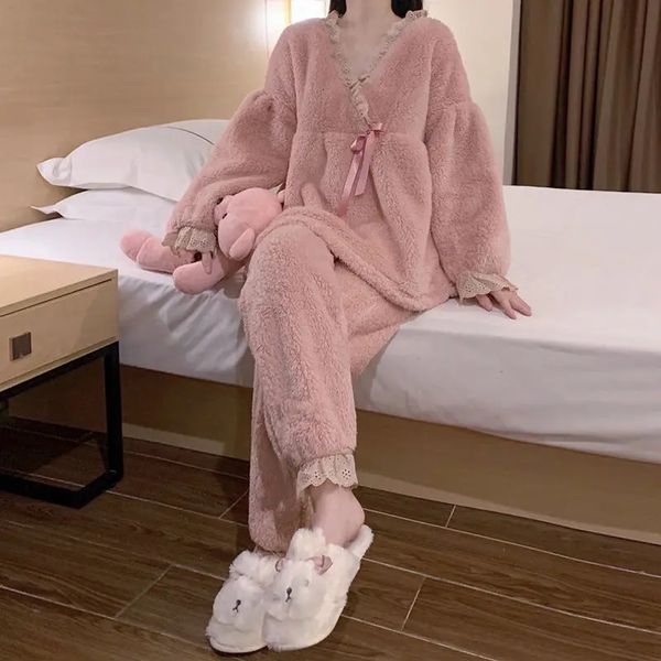 Winter-Pyjama aus dickem Korallensamt für Damen, warmes Herbst- und Winter-Wohnkleidungsset, japanische Kimono-Loungewear 240110