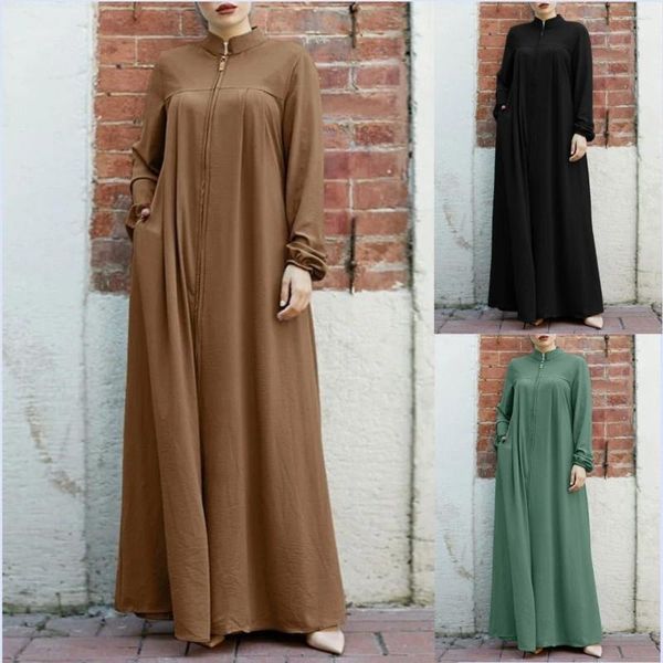 Etnik Giysiler Kadın Düz Renk Müslüman Gevşek Çöp Kaftan Jubah Dubai Arap Giyinme İslami Abayas Ramazan Uzun Kollu Elbise