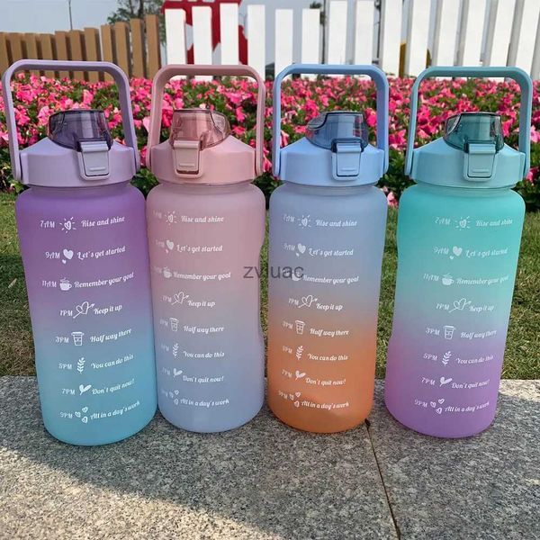 Wasserflasche 2 Liter Wasserflasche Motivierendes Trinken Sport mit Zeitmarkierungsaufklebern Tragbare wiederverwendbare Plastikbecher YQ240118