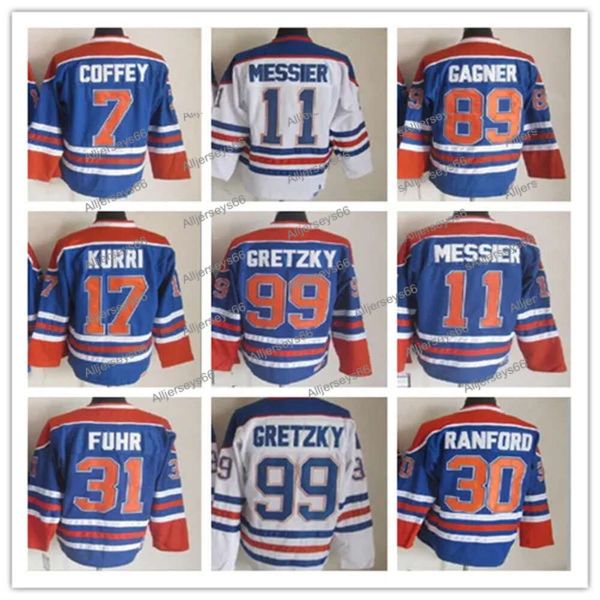Wayne Gretzky Edmonton Vintage Hockey Maglie 11 Mark Messier 30 Bill Ranford 7 Paul Coffey 89 Sam Gagner 17 Jari Kurri 31 Grant Fuhr Ed CCM Retro Uniformi Uomo Maglia da ghiaccio