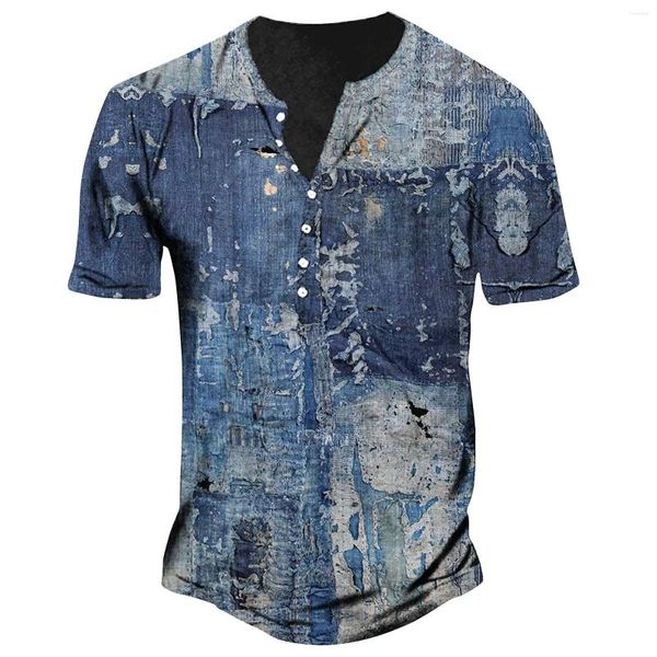 Camisas casuais masculinas vintage camiseta henley algodão retalhos denim gráfico t impressão de manga curta camisetas de grandes dimensões roupas masculinas