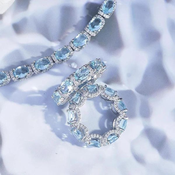 Conjuntos românticos 14k branco ouro laboratório aquamarine diamante conjunto de jóias de noivado brincos de casamento colar para mulheres presente de promessa nupcial