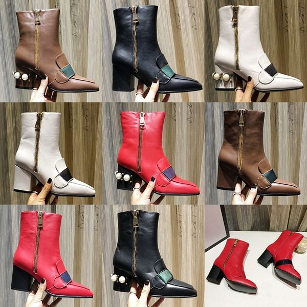 Жемчужные сапоги из воловьей кожи, роскошные дизайнерские сапоги, модные женские ботильоны с квадратным носком, ботинки на массивном каблуке, осенние классические римские сапоги, новые короткие западные сапоги на молнии