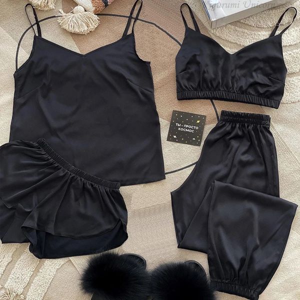 Conjunto de bata de boda negra sexy, ropa de dormir de satén, lencería íntima informal, camisón suave, ropa para el hogar, pijamas 240110