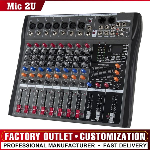 Mixer de áudio profissional, 8 canais, console de mixagem, bluetooth, usb, computador, 48v, fonte de alimentação, número, performance ao vivo 240110