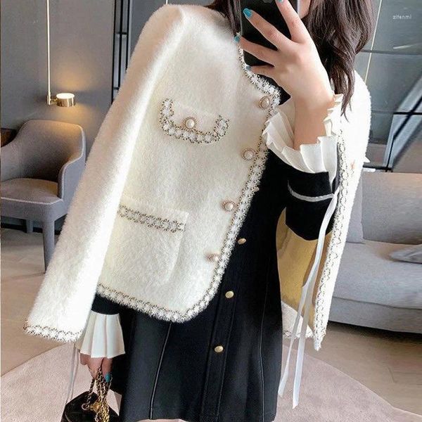 Damenjacken Elegante Frauen Imitation Nerz Fleece Pullover Jacke Frühling Herbst Mode Koreanische Strickjacke Oansatz Langarm Kurze