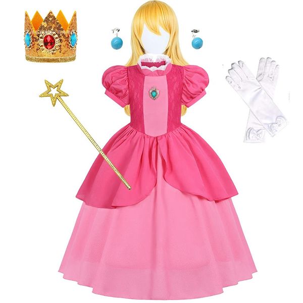 Rosa pêssego princesa vestir-se para meninas traje de halloween malha puff tule crianças cosplay renda festa outfit 240109