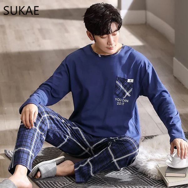 Sukae Luxury Navy Mens Autumn Winter Cotton Man Pijama Mangas compridas Cavalheiro L4XL Big minimalista Pijama 240110