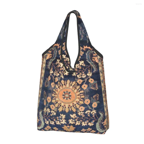 Sacos de compras Boho Sarouk Persa Floral Tapete Mercearia Tote Ombro Grande Portátil Vintage Bolsa Étnica