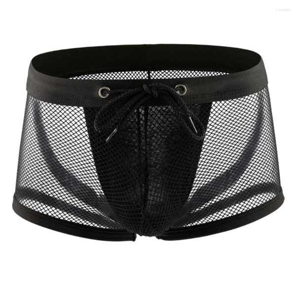 Cuecas de malha respirável homens boxer briefs roupa interior ajustável sexy calcinha erótica lingerie pênis grande bolsa bulge ver através