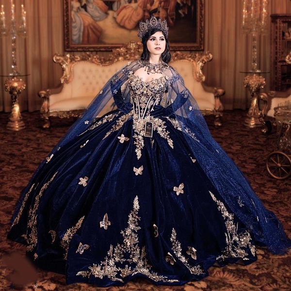 Abiti Quinceanera lucidi blu navy Perline Applique in oro con fiocco in pizzo con mantello Sweet 16 Abiti da ballo per feste di compleanno abiti da 15