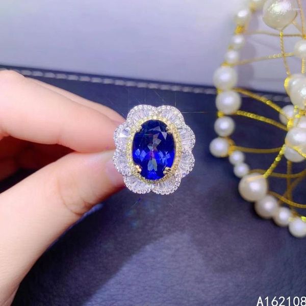 Anéis de cluster Fine Jewelry 925 Sterling Silver Inset com Natural Grande Gem Feminino Clássico Nobre Azul Escuro Topázio Suporte de Anel Ajustável