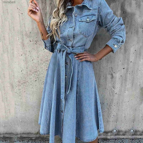 Vestidos casuais básicos novo outono denim camisa vestido para mulheres moda solta manga longa turn down colarinho rendas até jeans festa yq240110