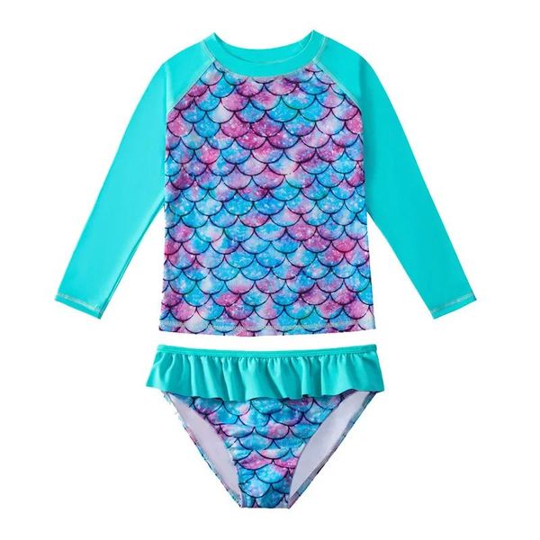 Set 2022 Nuovo costume da bagno a sirena con maniche lunghe Tipo diviso Bikini per bambini Ragazza Stampa 3D Primavera calda Protezione solare Beachwear Nuoto