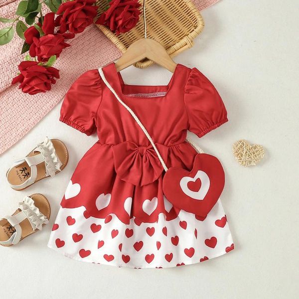 Kız Elbiseler 0-3y Bebek Kız Yaz Elbisesi Kalp Şeklinde Crossbody Bag Toddler Kısa Kollu Kare Boyun A-Line Sevgililer Günü Giysileri