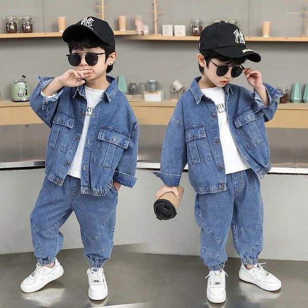 Conjuntos de roupas Meninos Denim Set 2024 Primavera e Outono Crianças Trendy Cool Cor Sólida para Comércio Exterior