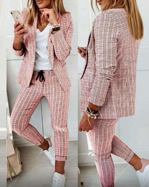 2024 frauen Zwei Stück Hosen Casual Plaid Print Blazer Mantel Kordelzug Set Herbst Frauen Arbeit Tragen Mode Anzug Sets langarm