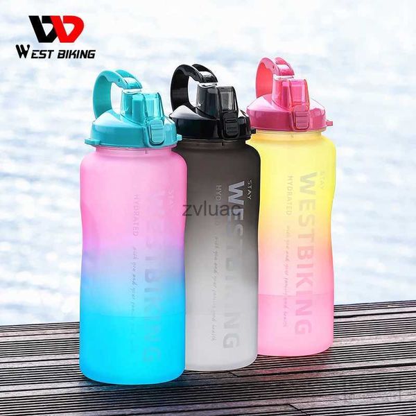 Wasserflasche WEST BIKING 2L Fitness Wasserflasche Farbverlauf Radfahren Laufen Sport Große Kapazität tragbar mit Reinigungsbecherbürste YQ240110