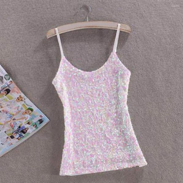 Blusas femininas mulheres colete de verão top brilhante lantejoulas sem mangas ajustável espaguete cinta o pescoço fino ajuste pulôver elástico desempenho tanque