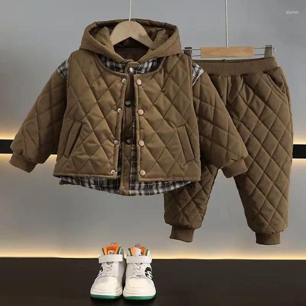 Set di abbigliamento Cappotto da ragazzo Pantaloni Cappotto caldo da due pezzi per bambini Inverno Autunno Giacca spessa alla moda con cappuccio impiombato vintage