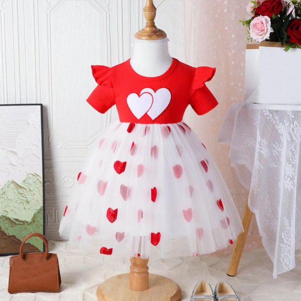 Vestidos de menina infantil vestido casual para meninas verão 2024 criança coração impressão retalhos malha vestido de princesa roupas de bebê 0-24 meses