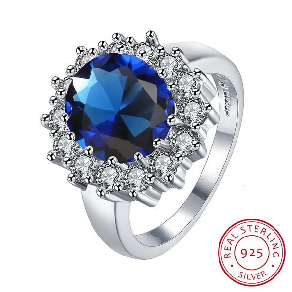 Princesa Diana William Kate Anéis de pedras preciosas Safira Azul Casamento Noivado Anel de dedo de prata esterlina 925 para mulheres 240109