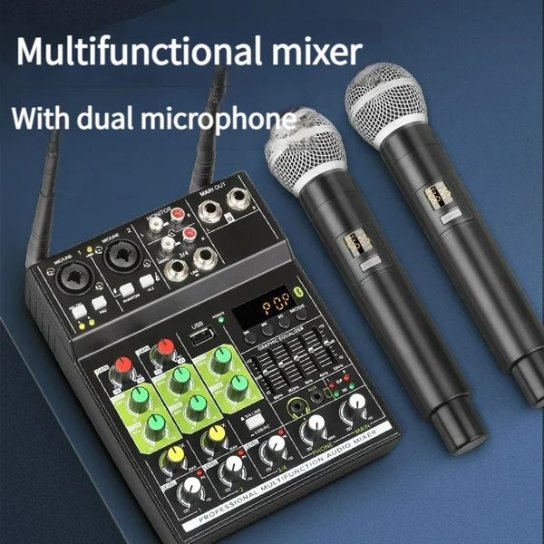 Kablosuz Mikrofonlar 4 Kanal Ses Mikser 1 Drag 2 Mikaller DJ Karaoke PC Guitar 240110 için Bluetooth USB efekti ile konsol