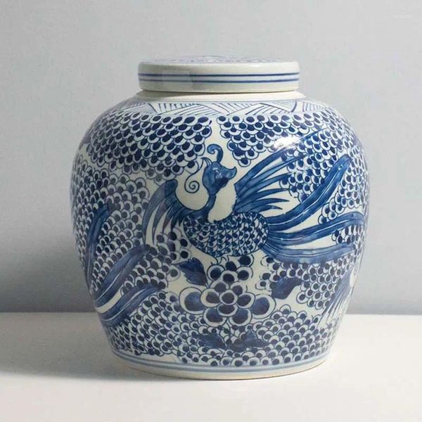 Garrafas Azul e Branco Phoenix Ginger Jar Urn Lotus Vintage Jingdezhen Cerâmica Vasos de Porcelana para Flor