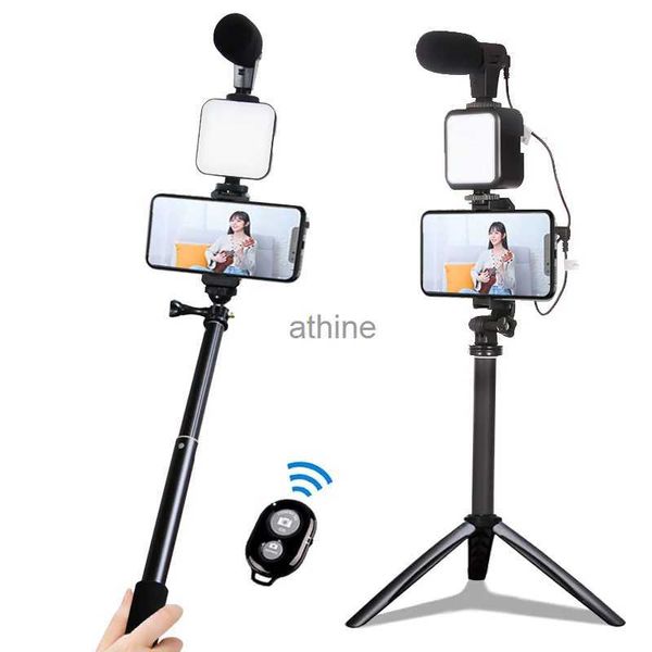 Selfie monopods led dolgu ışık mikrofon portatif tripod canlı video telefon sahibi fotoğrafçılık selfie çubuk kayıt tutamağı stabilizatörü bluetooth yq240110