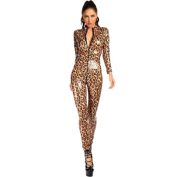 Brilhante PVC Zipper Aberto Crotch Macacão Erótico Nightclub Wear Macacões Sexy Leopard Macacões Mulheres Olhar Molhado Bodysuits De Couro Falso 240110