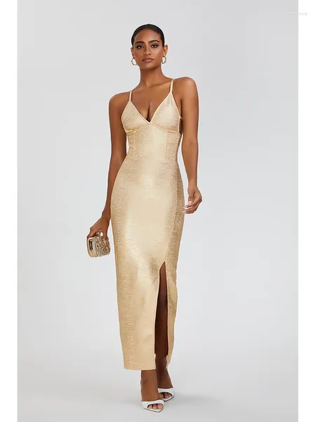 Vestidos casuais sexy espaguete cinta v pescoço bandage vestido mulheres ouro sem mangas backless alta divisão bodycon longo elegante festa de celebridade