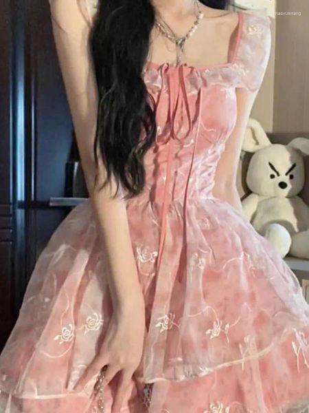Повседневные платья, элегантное французское платье для женщин, корейское модное вечернее мини-тонкое милое цветочное платье Y2k на шнуровке Kawaii, весна-лето 2024