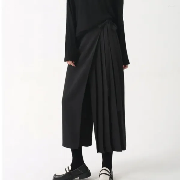 Damenhosen, elastische Taillenhose, schwarz, einfarbig, plissiert, weites Bein, Culottes für Frauen, unregelmäßiger High-Street-Stil, mittlere Wadenlänge