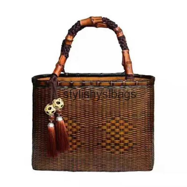 Bolsa de transporte feminina retrô, bolsa de tecelagem de bambu, arte artesanal, conjunto de chá, bolsa de mão estilosa