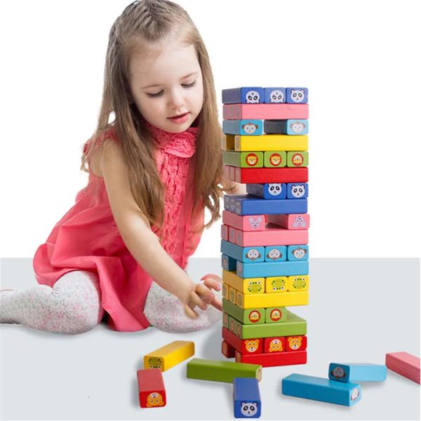 Torre criativa jogos de tabuleiro para crianças bebê 54pcs blocos de construção de madeira brinquedo dos desenhos animados animal colorido arco-íris dominó empilhamento 240110